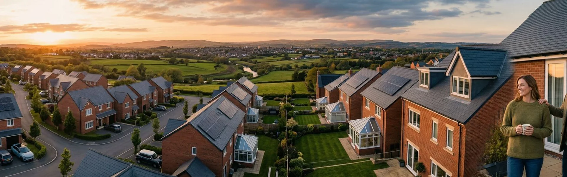 Lancashire homes with solar panels at sunset