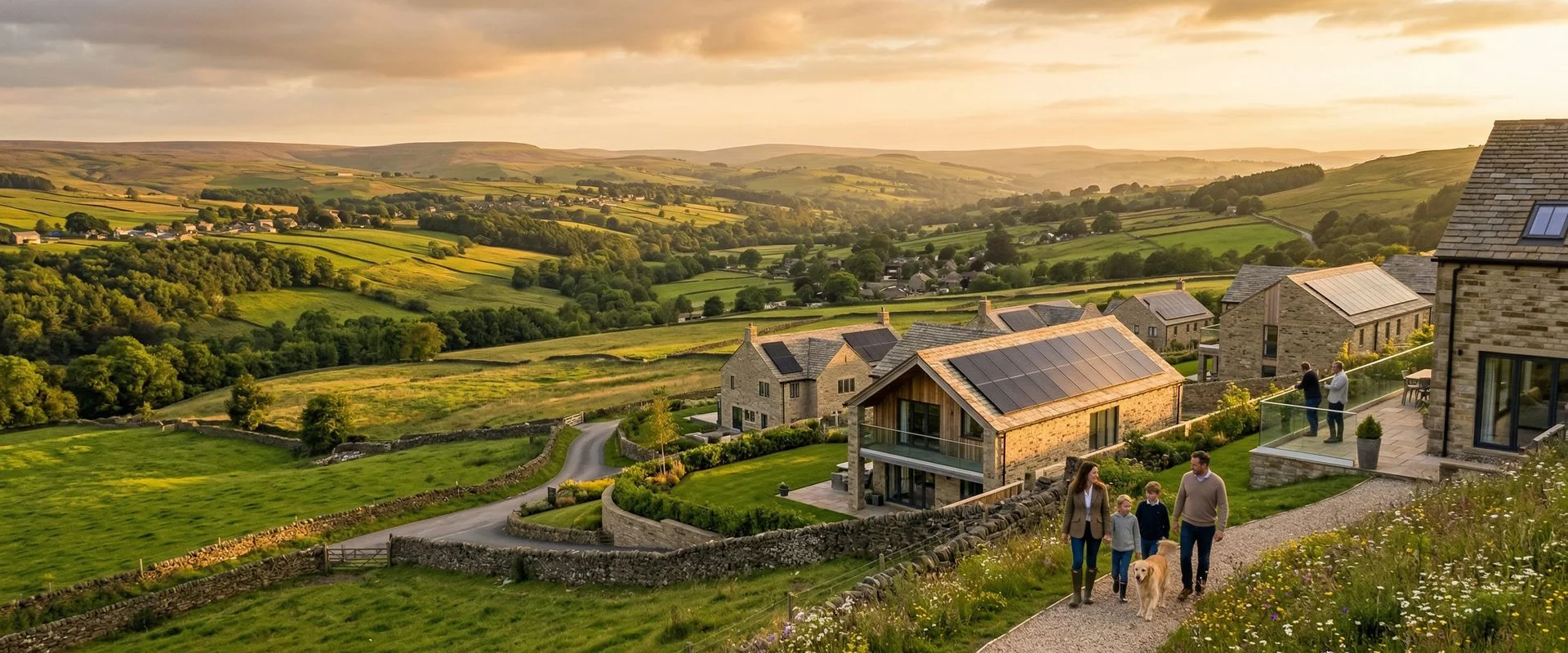 Lancashire homes with solar panels at golden hour