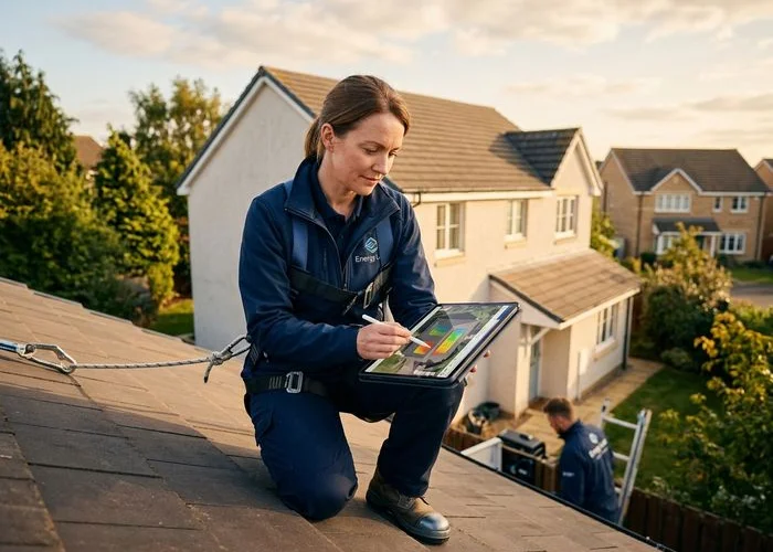 Energy Luxe engineer surveying a residential roof for solar panel placement