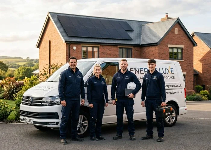 Energy Luxe installation team beside branded van with completed solar installation
